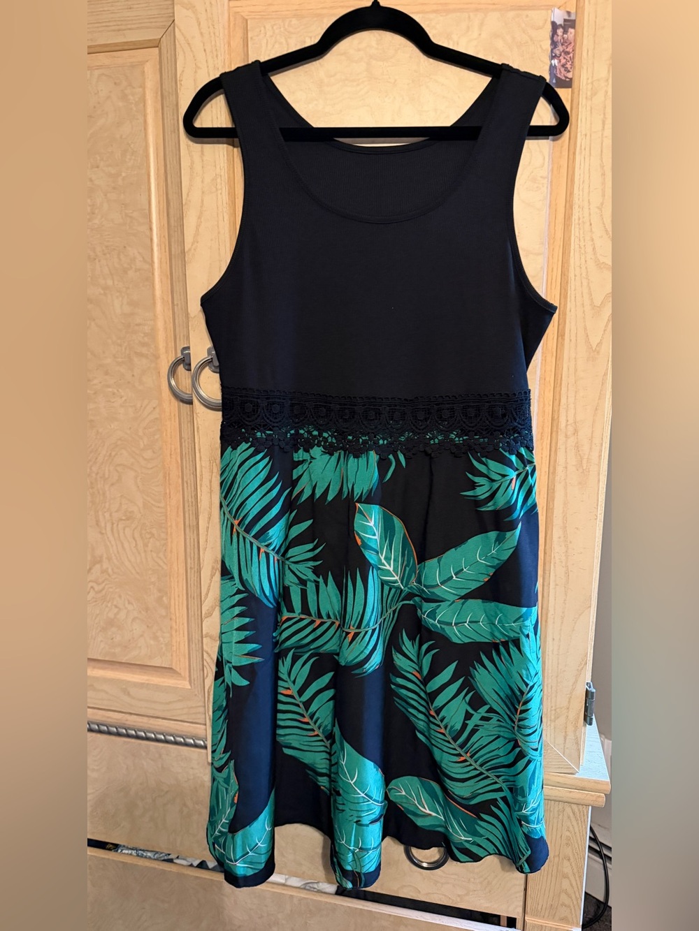 Black Tank Dress with Green Tropical Leaf Print